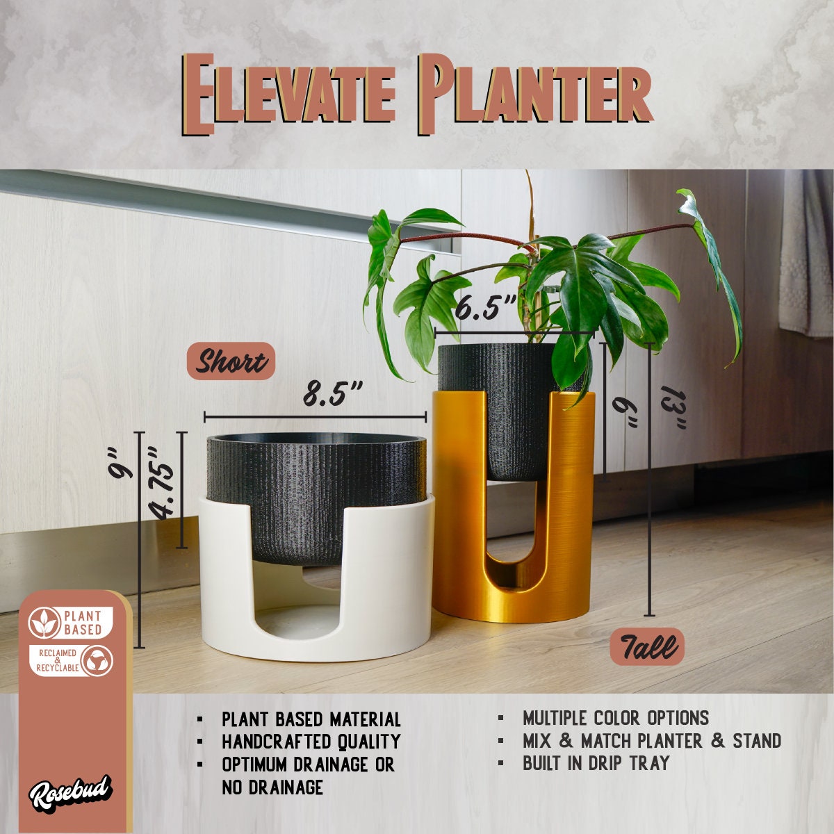 Modern Elevated Planter and Plant Stand Set - 2-Piece Plant Pot with Drainage in Multi Colors &amp; Sizes, Mid-Century Modern Indoor Plant Stand