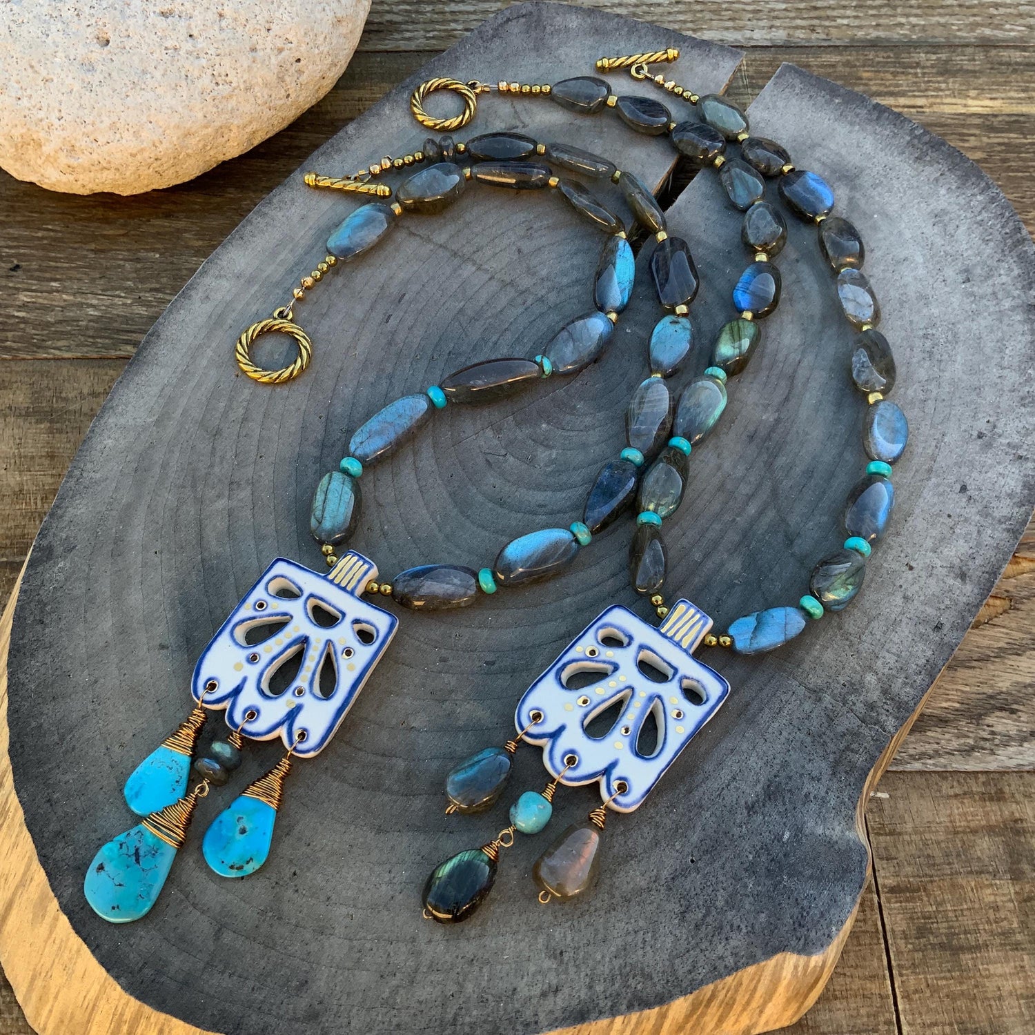Handmade Ceramic Necklace: Labradorite &amp; Turquoise Fringe