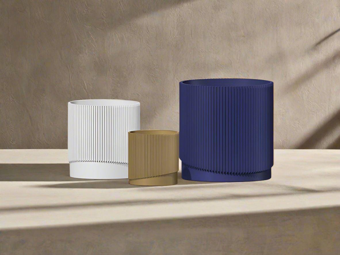 Rosebud HomeGoods Mid-Century Ribbed Planter with Drainage and Saucer in Multiple Colors, 3D Printed Planter with Unique Modern Design, Lightweight, Wave