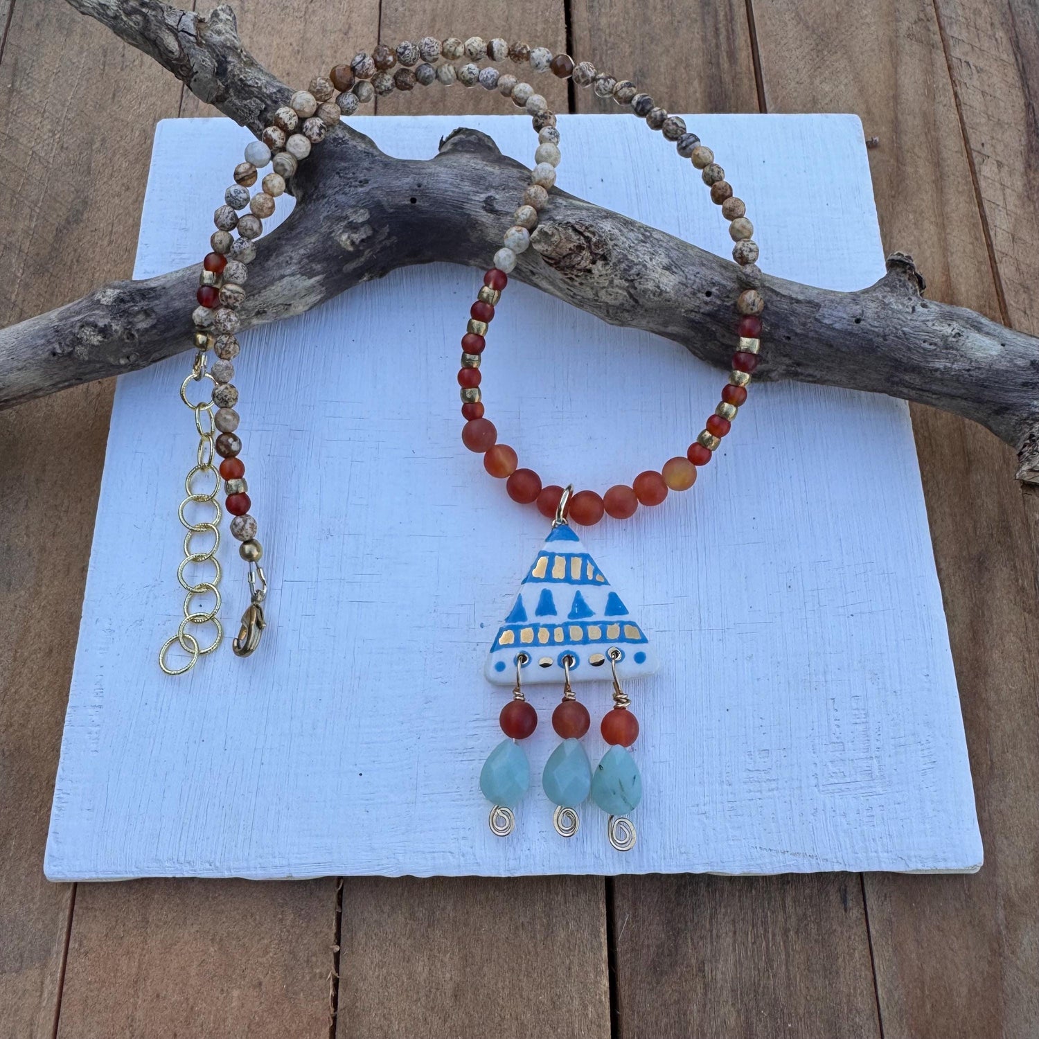 Tribal Ceramic Bead Necklace: Amazonite &amp; Carnelian