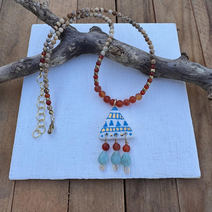 Tribal Ceramic Bead Necklace: Amazonite &amp; Carnelian