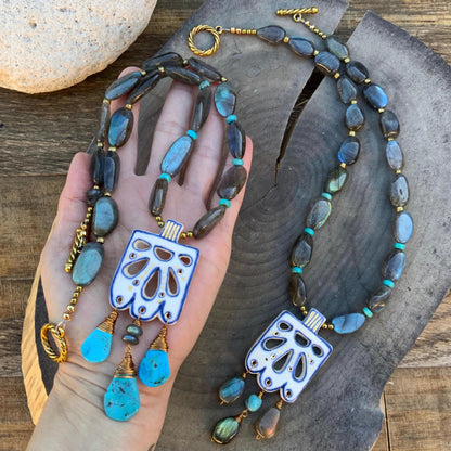 Handmade Ceramic Necklace: Labradorite &amp; Turquoise Fringe