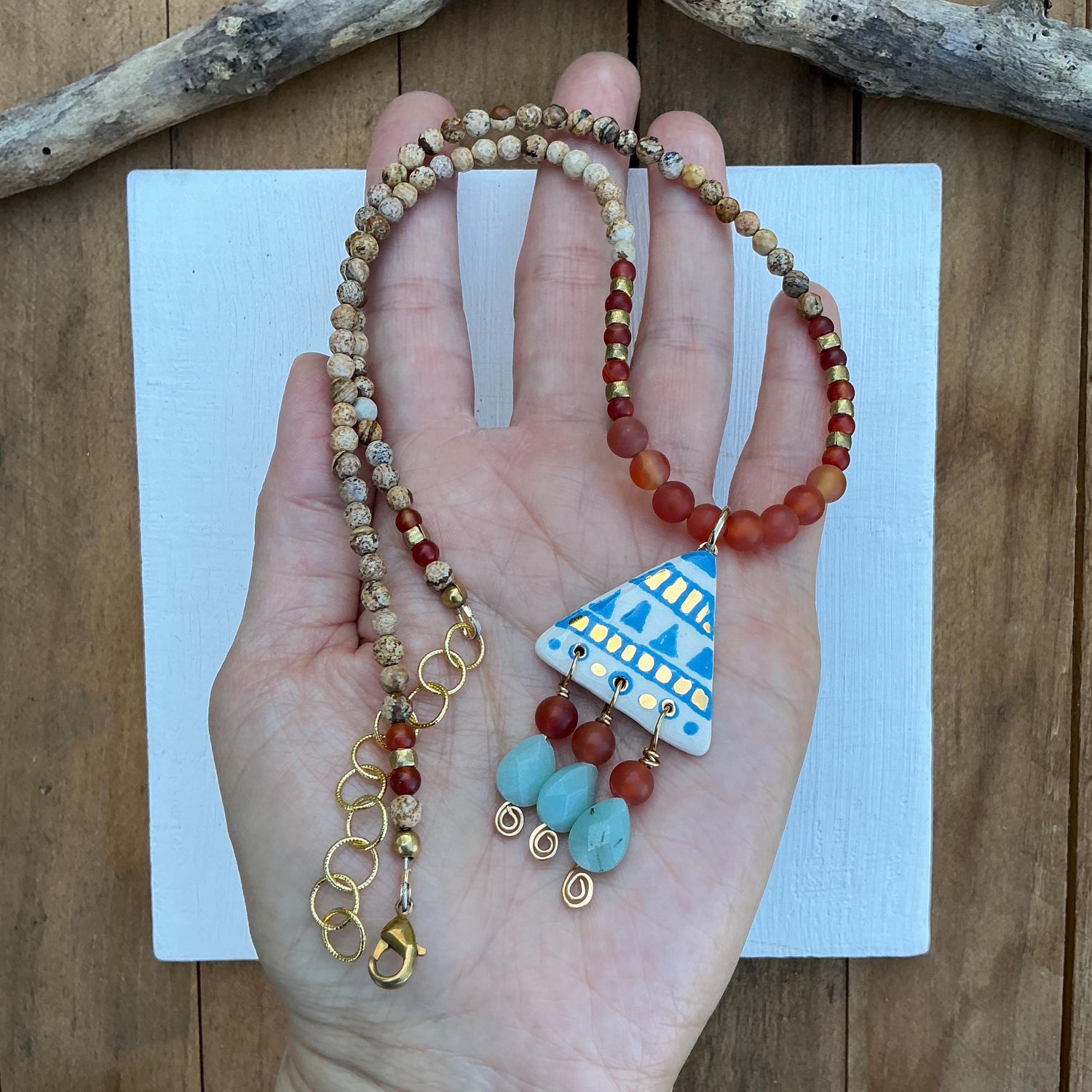 Tribal Ceramic Bead Necklace: Amazonite &amp; Carnelian