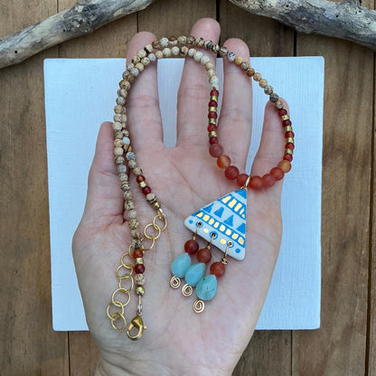 Tribal Ceramic Bead Necklace: Amazonite &amp; Carnelian