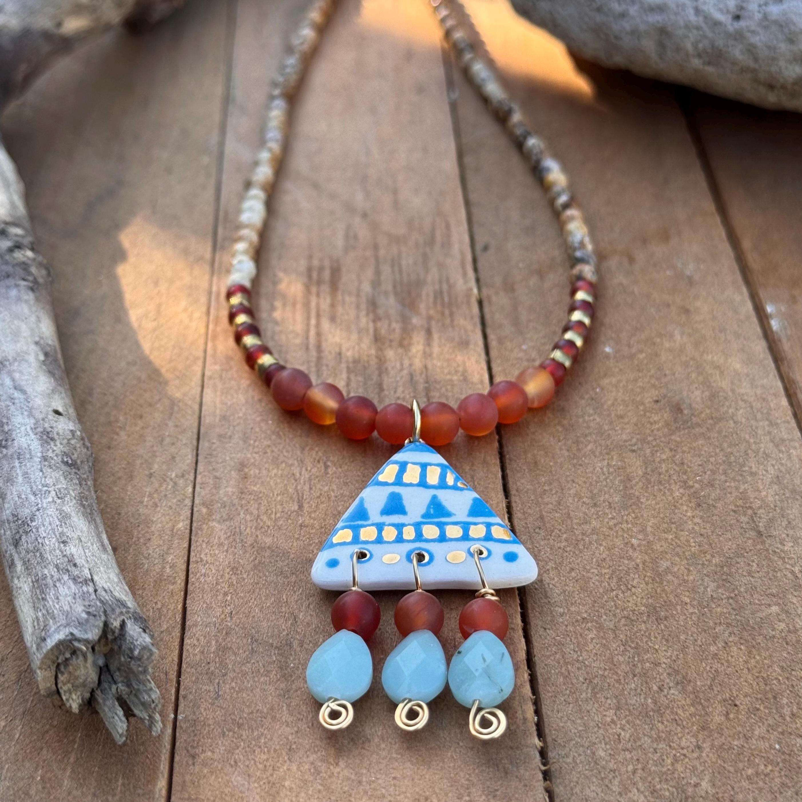 Tribal Ceramic Bead Necklace: Amazonite &amp; Carnelian