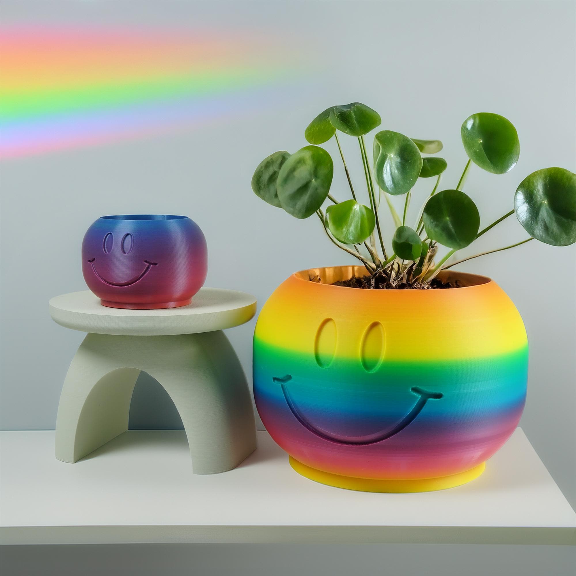 Rosebud HomeGoods Rainbow / Mini + Drip Tray Happy Sprout Smiley Face Plant Pot with Drainage and Drip Tray – Cute Ghibli Decor Planter | Kawaii Hypebeast Pots for Plants | Cubicle &amp; Classroom Decor