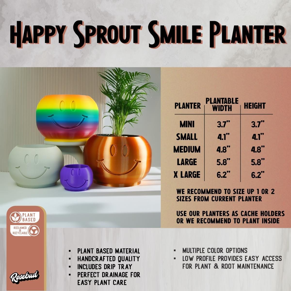 Rosebud HomeGoods Happy Sprout Smiley Face Plant Pot with Drainage and Drip Tray – Cute Ghibli Decor Planter | Kawaii Hypebeast Pots for Plants | Cubicle &amp; Classroom Decor
