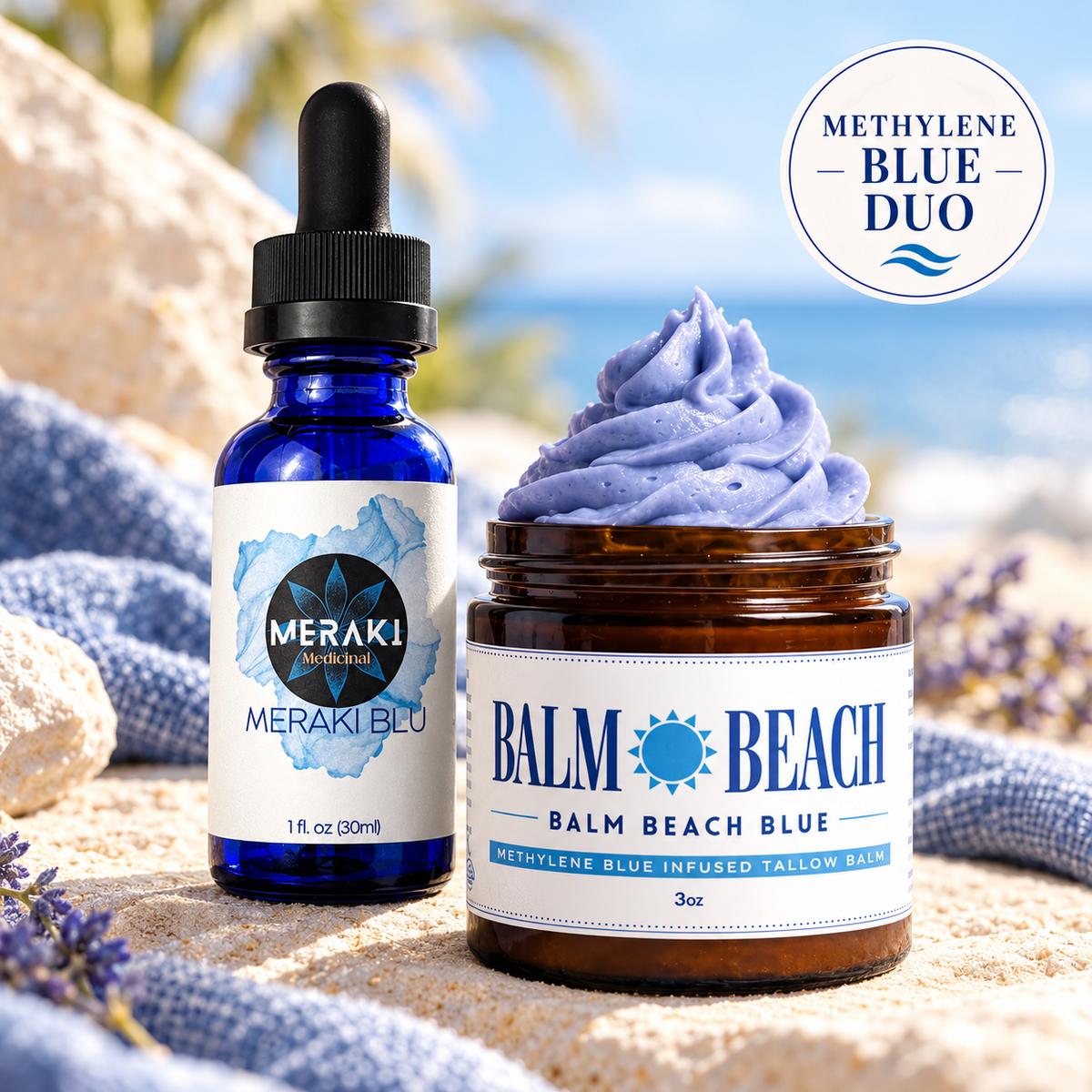 A blue dropper bottle and an amber balm jar labeled Meraki Balm &