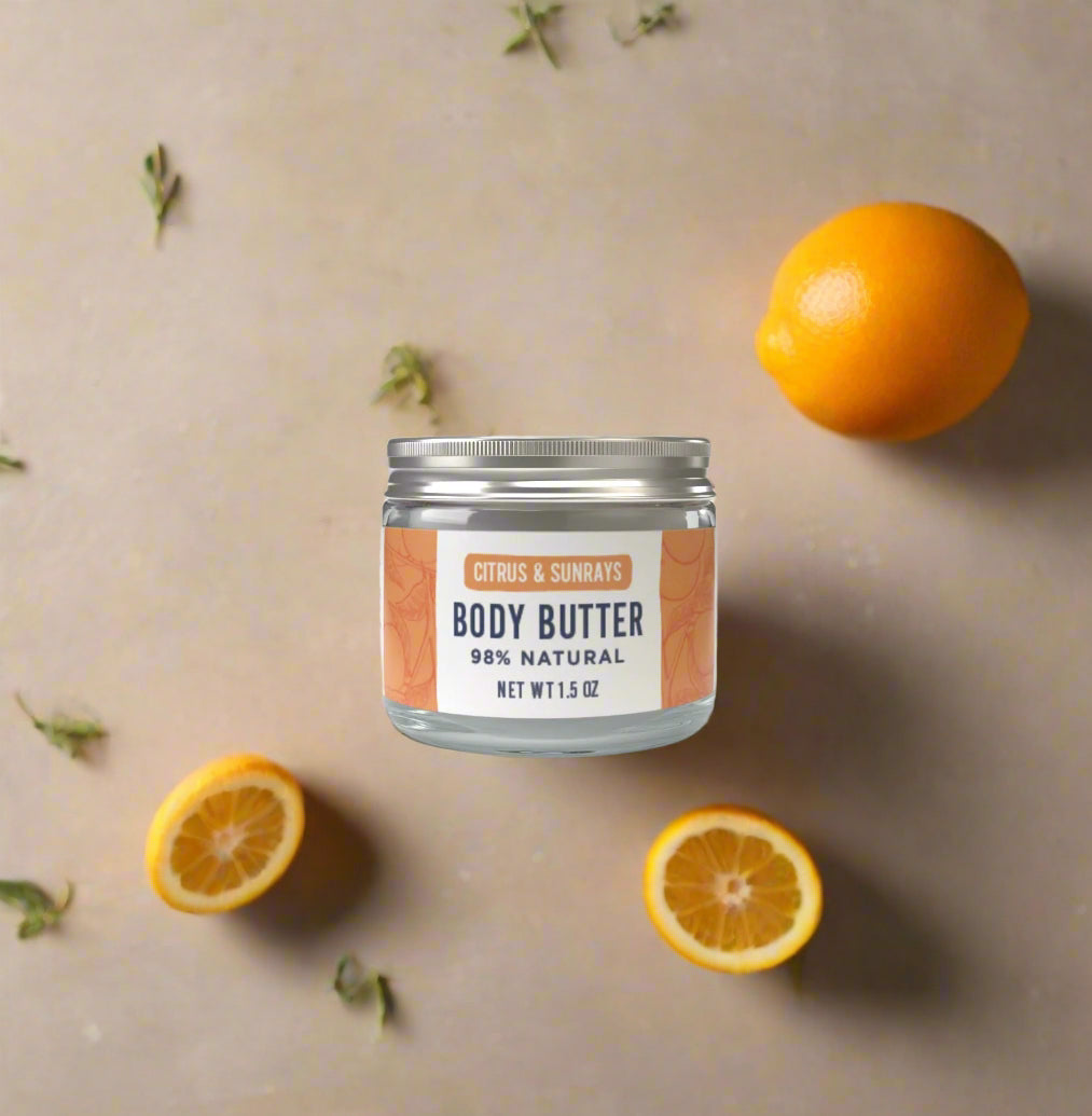 Jar of body butter with a label on a white background