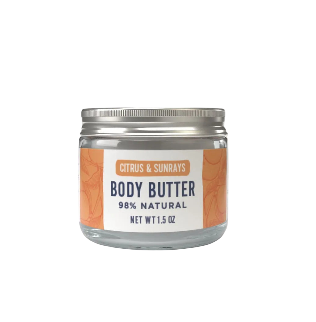 Jar of body butter with a label on a white background