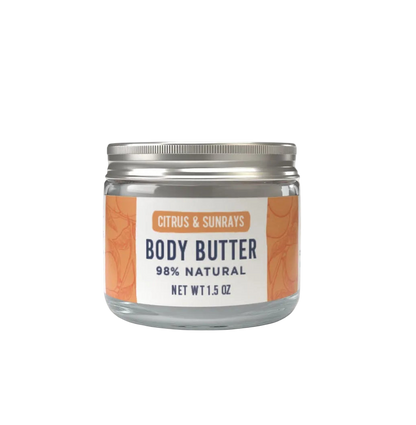 Jar of body butter with a label on a white background