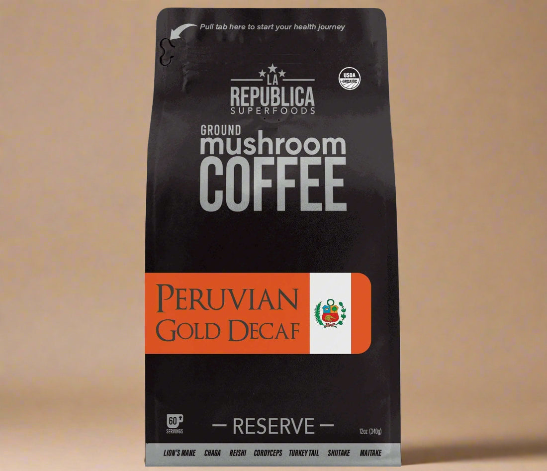 DECAF Peruvian Gold Ground Mushroom Coffee - My American Goods