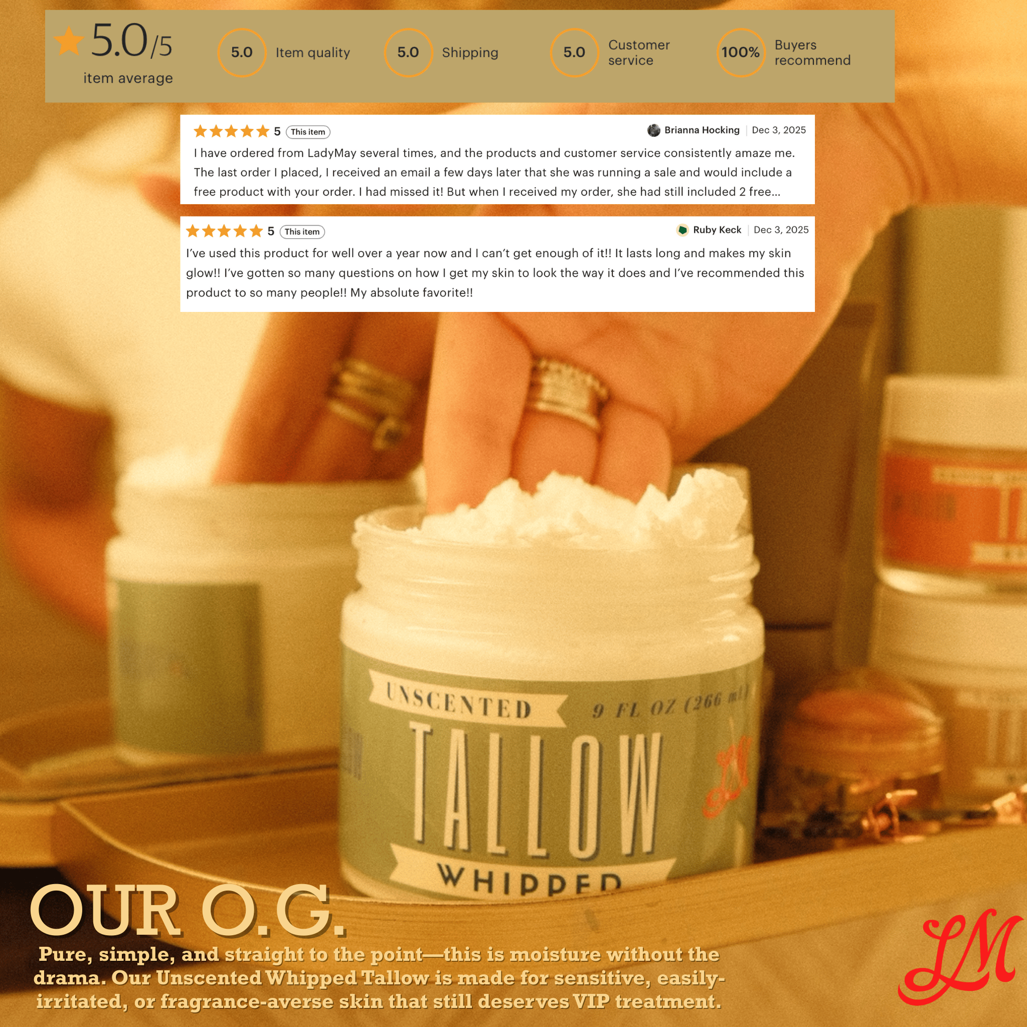 Lady May Tallow Body Cream/Lotion Unscented Whipped Tallow | All Natural Moisturizer Size 2oz-85oz