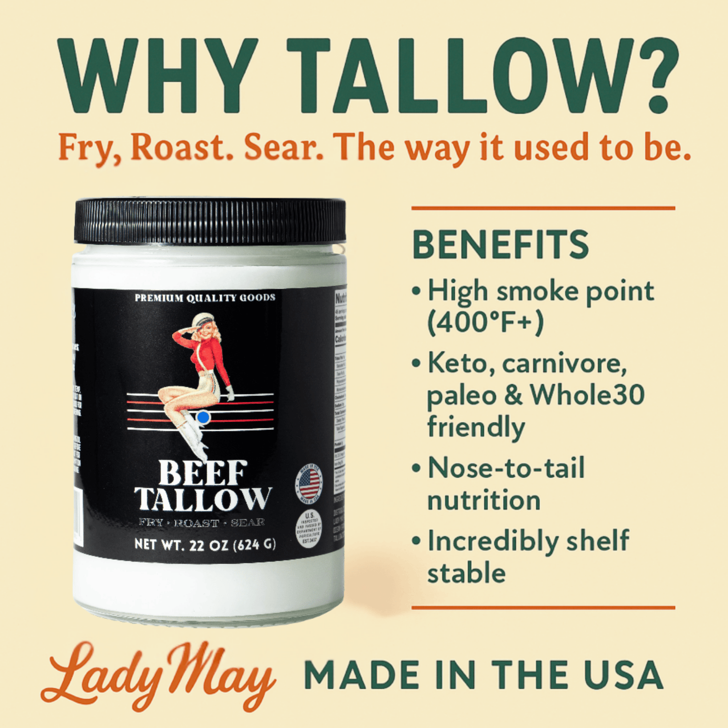 The Lady May Beef Tallow 22oz Premium Cooking Beef Tallow