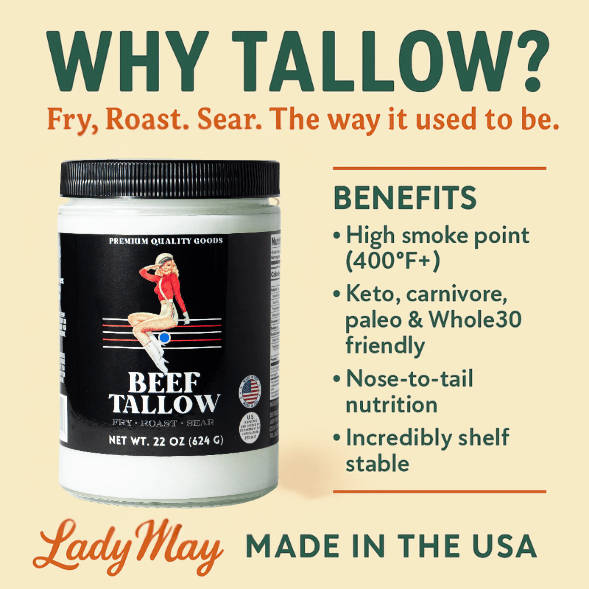 The Lady May Beef Tallow 22oz Premium Cooking Beef Tallow