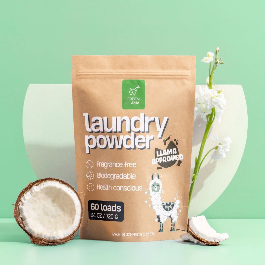 Package of laundry powder with a green background