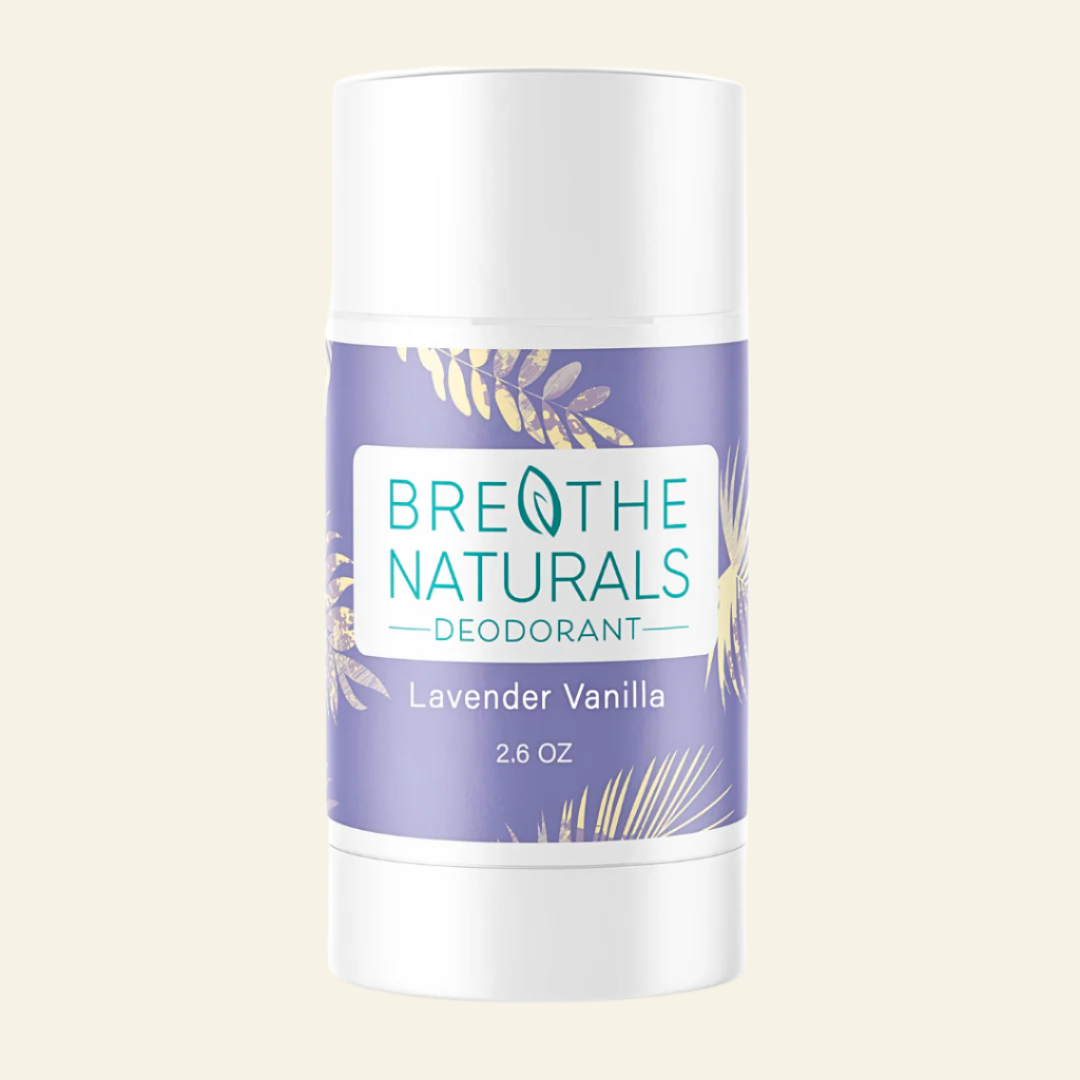 Breathe Naturals deodorant stick with lavender vanilla flavor on a white background