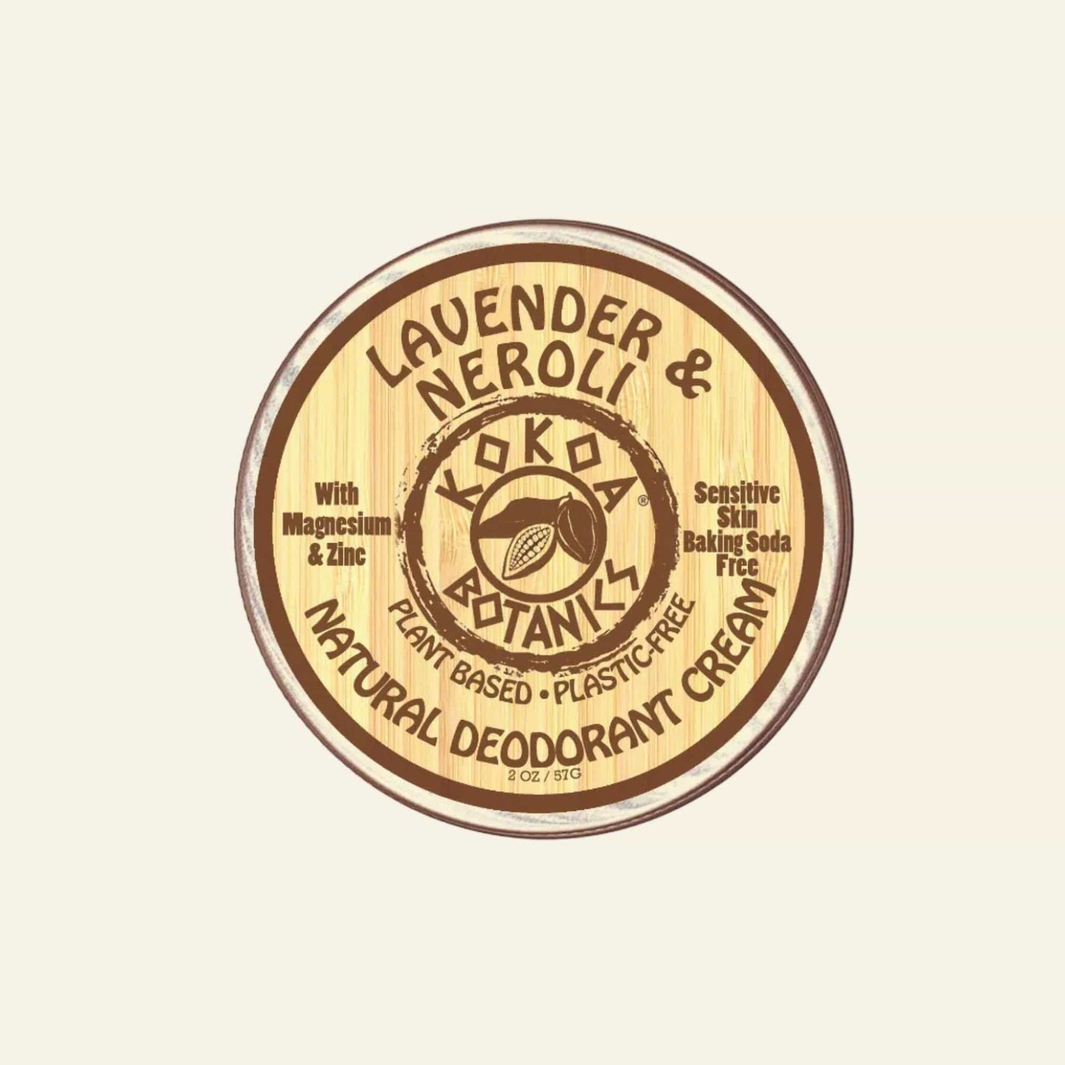 Lavender Neroli natural deodorant cream container with branding on a white background