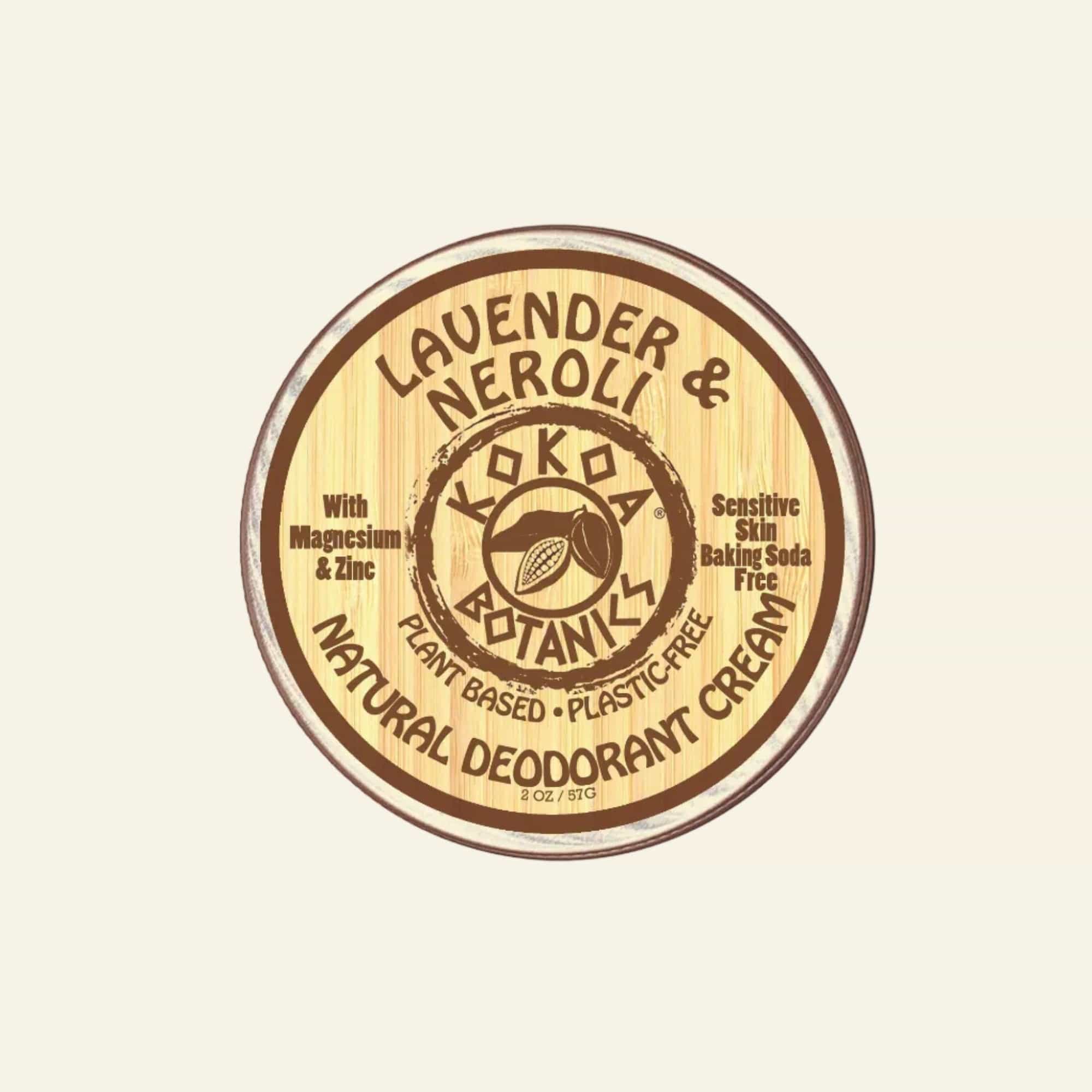 Lavender Neroli natural deodorant cream container with branding on a white background