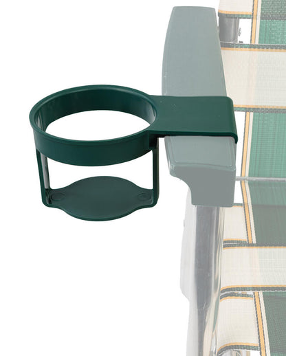 Green cup holder attached to a transparent plastic bag with a white background
