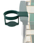 Green cup holder attached to a transparent plastic bag with a white background