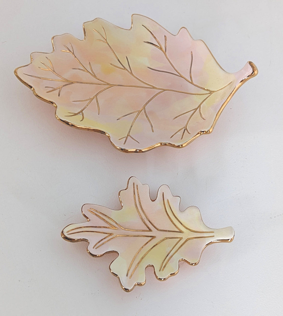 Ruby Clay Company Accessory Set of 2- 1 Large 1 Small Watercolor Leaf Trays with 22K Gold Accents