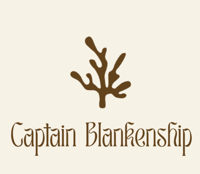 Logo with a stylized ship's wheel and text 'Captain Blankenship' on a beige background