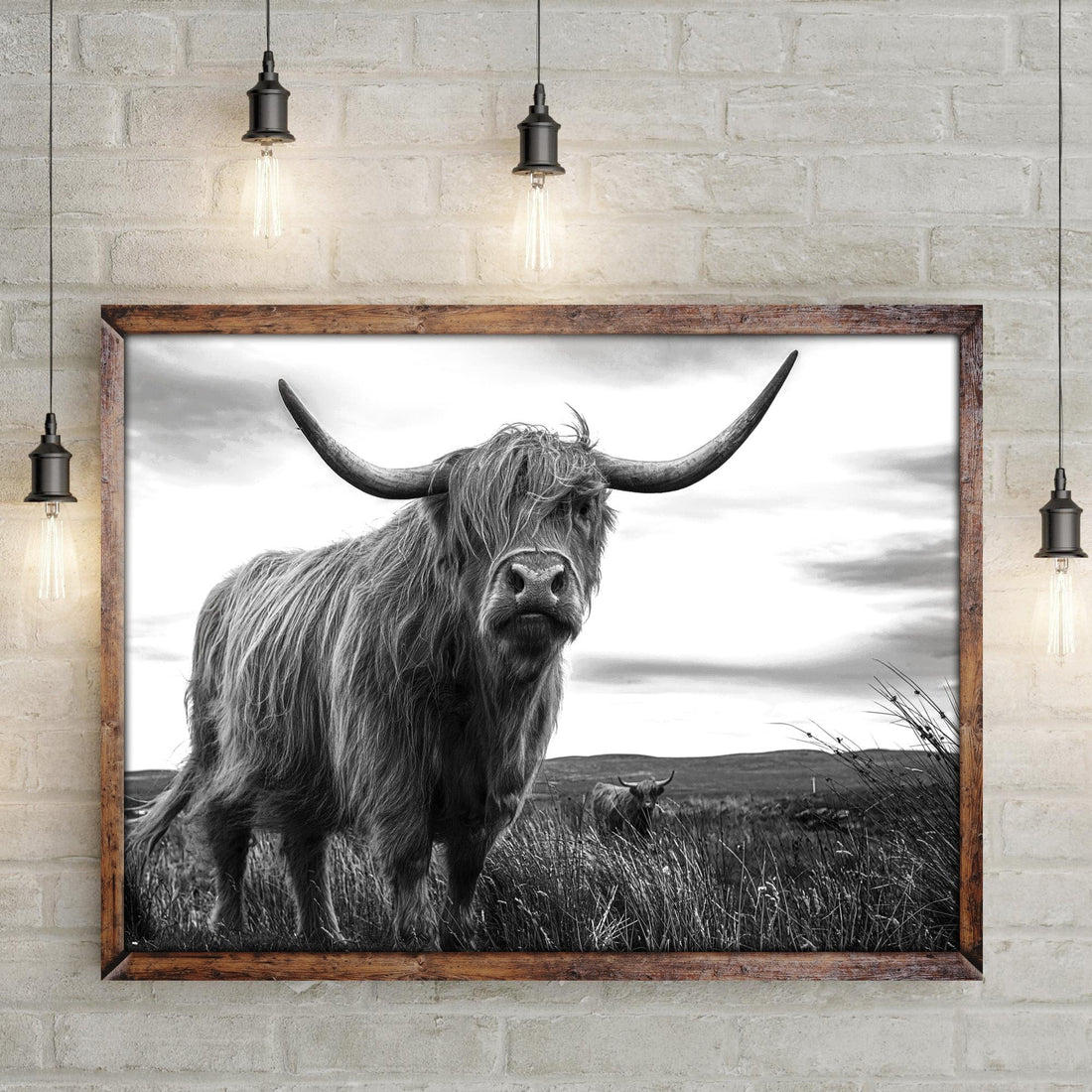 Tailored Canvases Canvas 18x12 inch Medium Premium Gallery Wrapped Highland Cow Black And White Portrait Canvas Wall Art