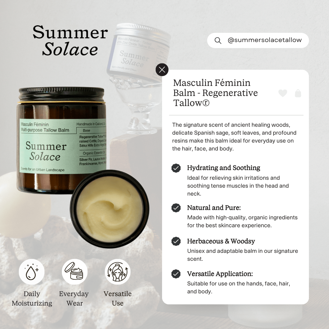 Summer Solace Tallow Tallow Balm Masculin Féminin Tallow Balm – Frankincense, Patchouli &amp; Hinoki Wood