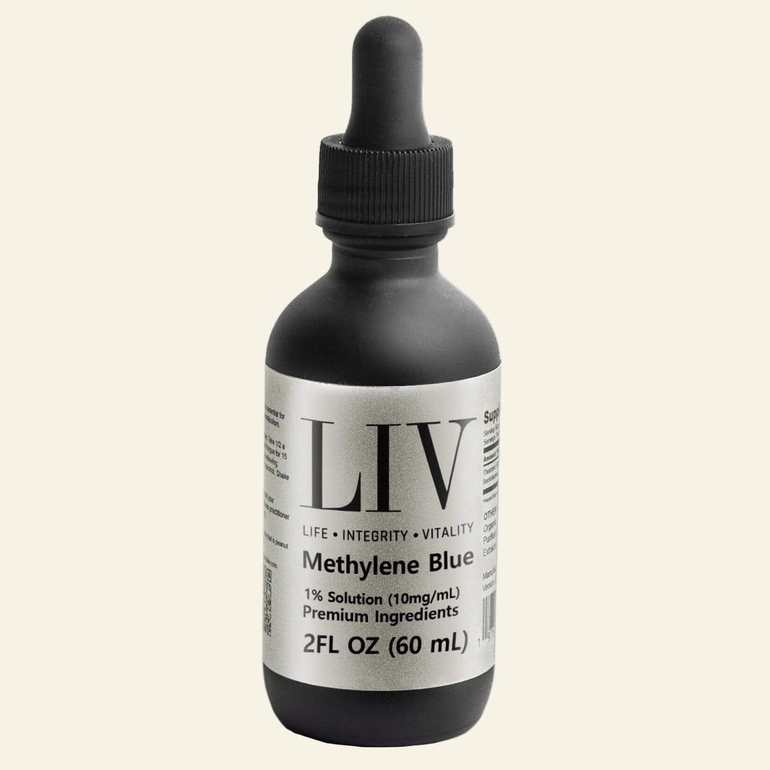 Bottle of LIV Methylene Blue solution on a white background
