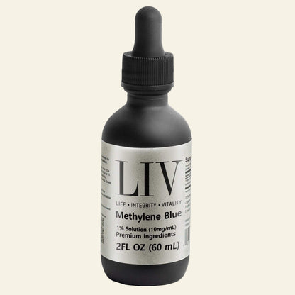 Bottle of LIV Methylene Blue solution on a white background
