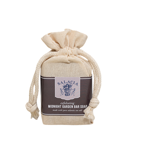 Bar of soap in a drawstring bag with Salacia branding on a white background