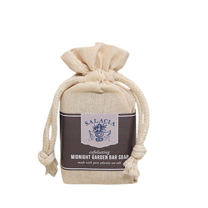 Bar of soap in a drawstring bag with Salacia branding on a white background