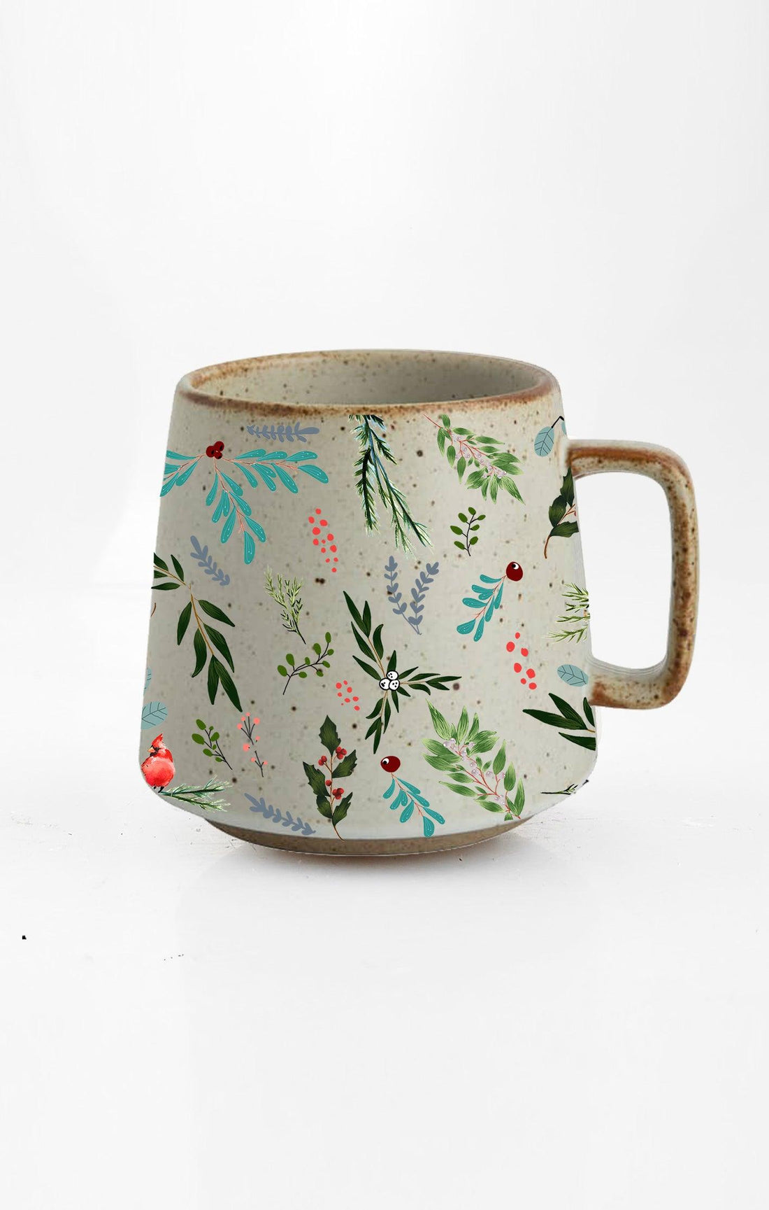 Ceramic mug with floral pattern on a white background