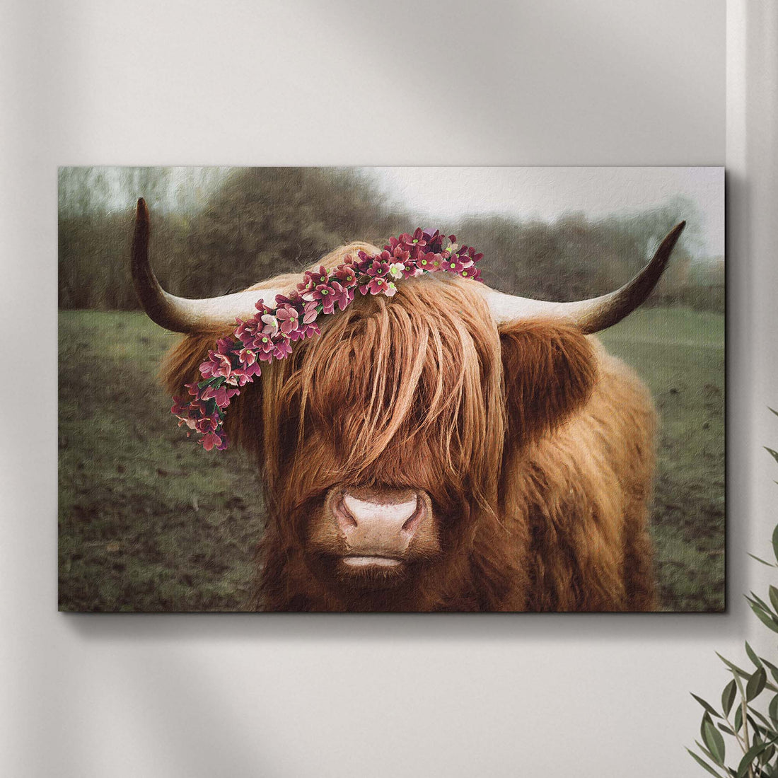 Tailored Canvases Canvas 18x12 inch Medium Premium Gallery Wrapped Retro Floral Crown Highland Cow Canvas Wall Art