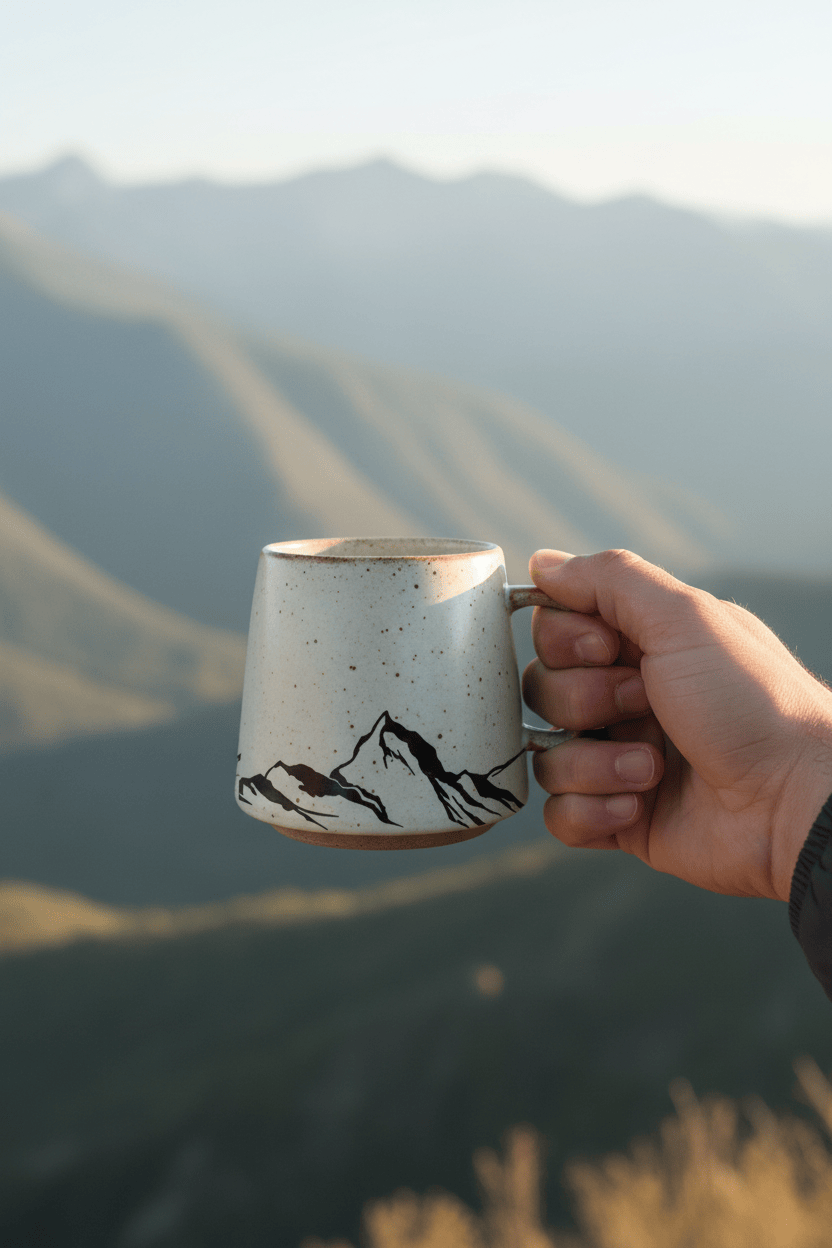 Hand holding a mug with mountain design against a mountainous landscape