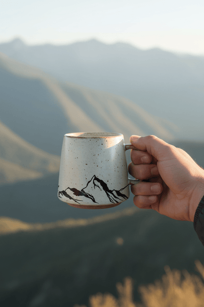 Hand holding a mug with mountain design against a mountainous landscape