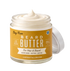 A jar of Lady May Tallow Bay Rum Beard Butter with a white cream product visible inside and a white lid leaning against it, set against a plain white background.