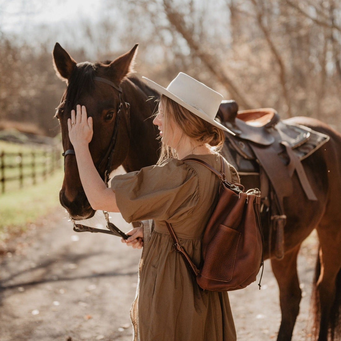 The Local Branch Leather Mahogany Traveler Drawstring Backpack - USA Made