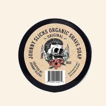 Johnny Slicks Organic Shave Soap container with label on a white background