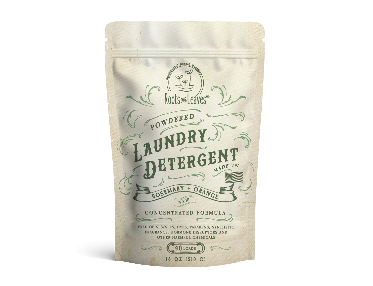 Package of Roots &amp; Leaves powdered laundry detergent on a white background