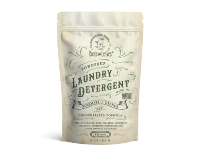 Package of Roots &amp; Leaves powdered laundry detergent on a white background