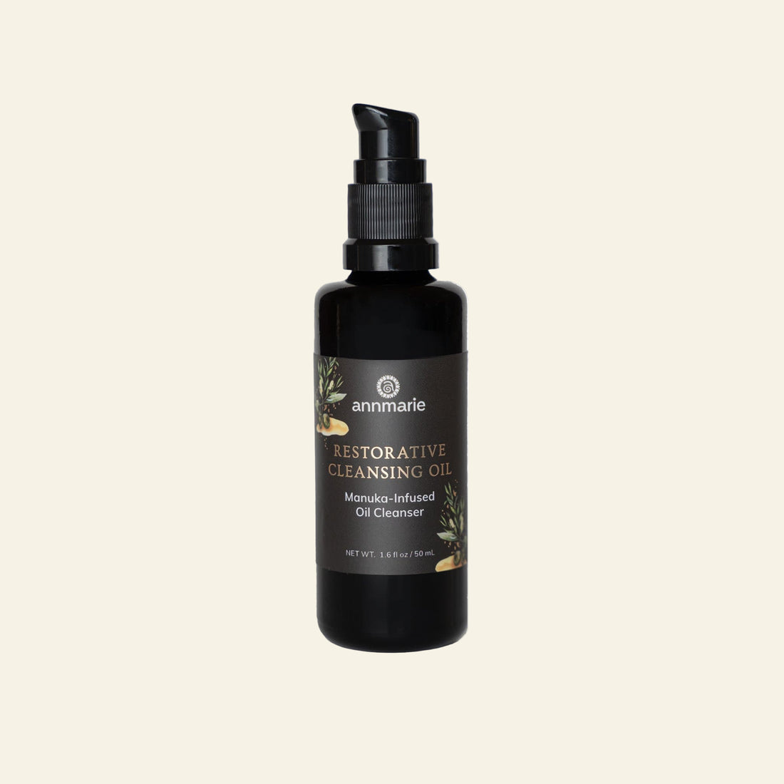Black bottle of Annmarie Restorative Cleansing Oil on a white background