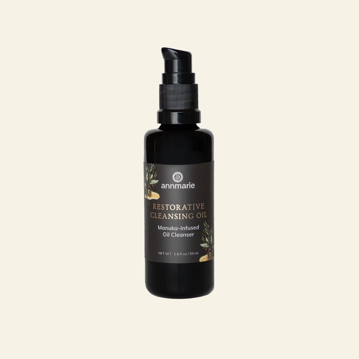 Black bottle of Annmarie Restorative Cleansing Oil on a white background