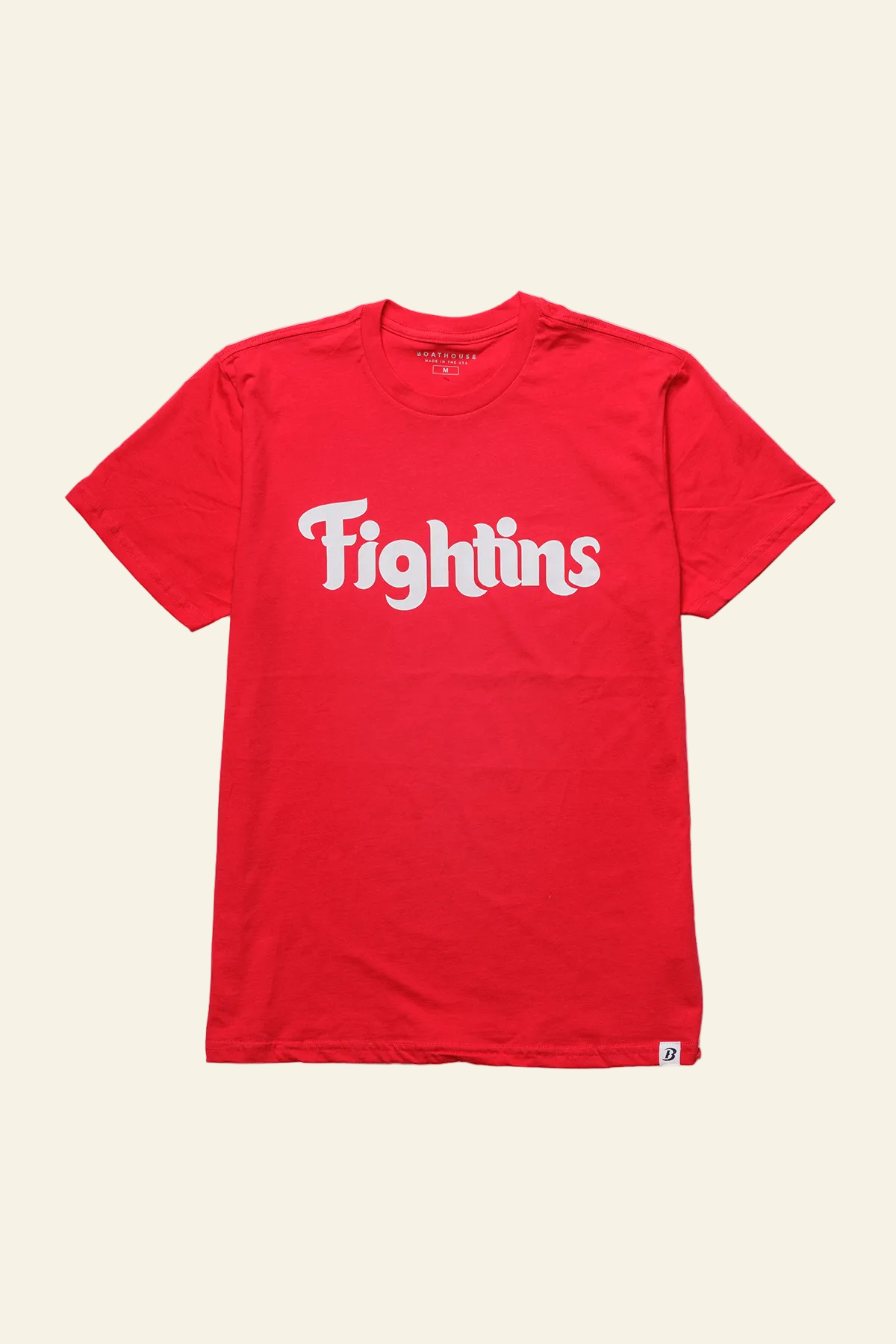 A red short-sleeve crewneck t-shirt featuring the word &