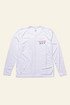 A white long-sleeve athletic shirt with a small chest graphic featuring the text &