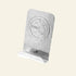 Metallic card holder with a brand logo on a white background