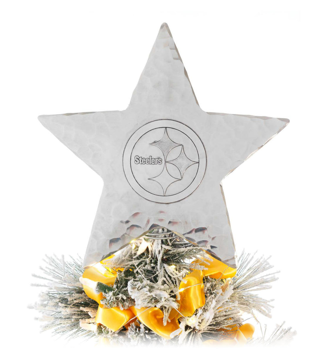 Star-shaped decorative item with Pittsburgh Steelers logo and Christmas lights on a white background