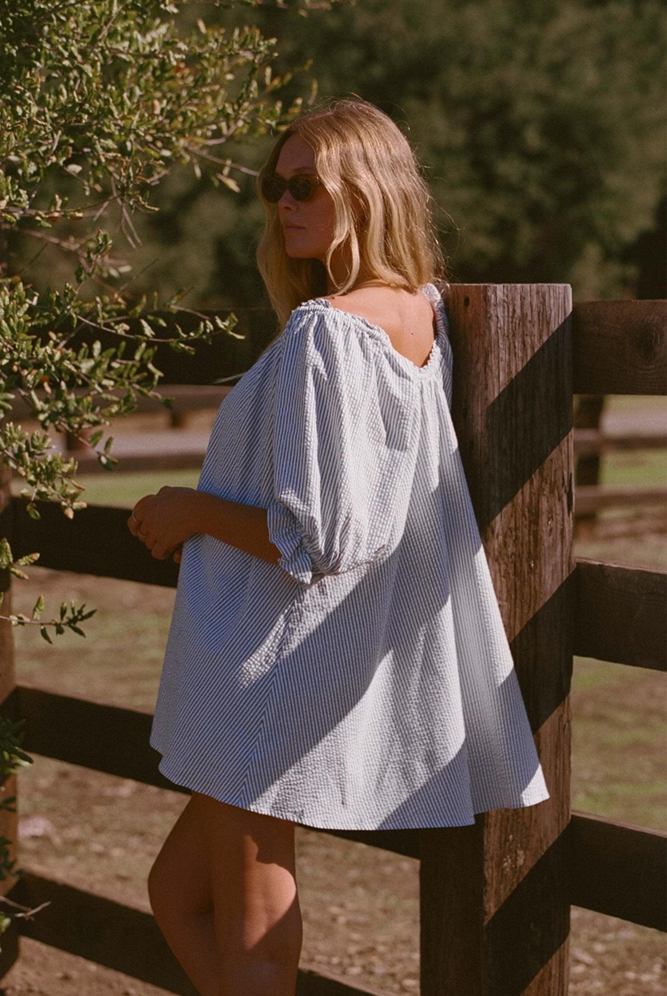 Portofino Seersucker Dress - Blue &amp; White