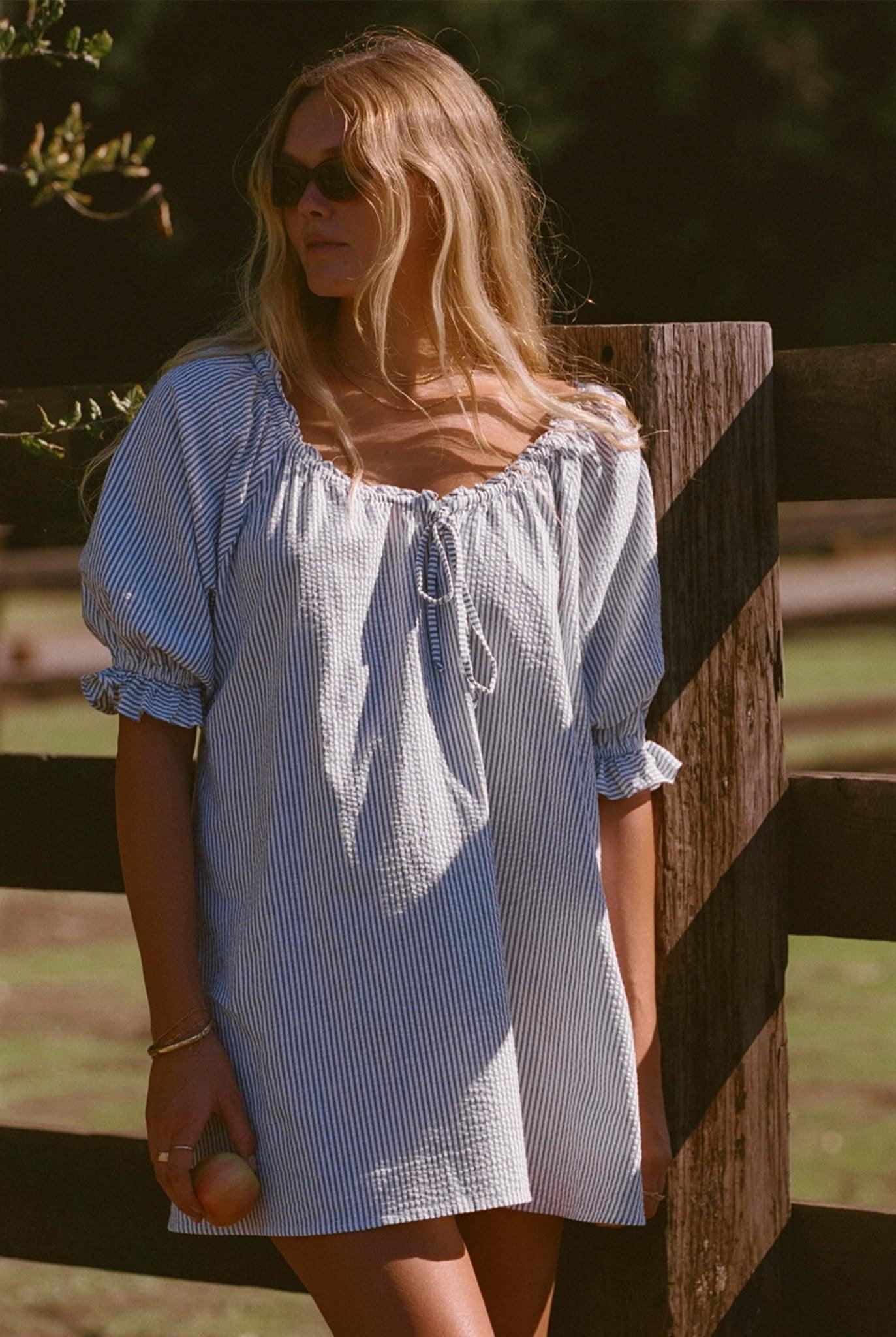 Portofino Seersucker Dress - Blue &amp; White